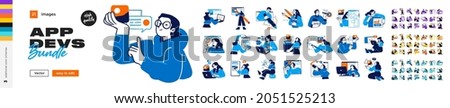 Software Development illustrations. Mega set. Collection of scenes with men and women involved in software or web development. Trendy vector style Royalty-Free Stock Photo #2051525213