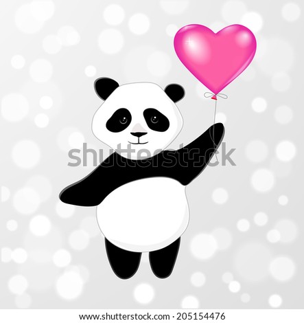 Panda with heart-shaped pink balloon on glowing background. Vector illustration.