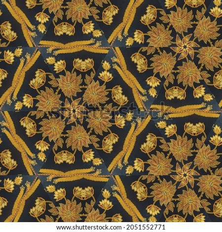 Abstract symmetrical pattern of Indonesian batik in navy color, floral motif, batik pattern, Image with mirror effect, Kaleidoscope of abstract pattern.