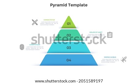 Pyramidal diagram divided into four numbered colorful layers. Concept of 4 levels of business development. Simple infographic design template. Modern flat vector illustration for presentation, report. Royalty-Free Stock Photo #2051589197