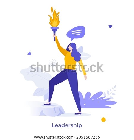 Businesswoman or entrepreneur holding burning torch and giving speech. Concept of leadership in business, successful leader or motivational speaker. Modern flat vector illustration for banner, poster.