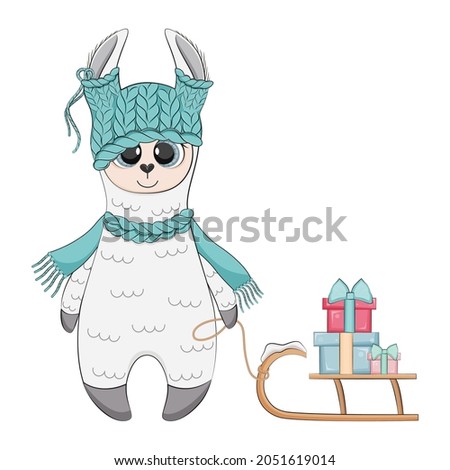 Christmas lama in hat and scarf, vector illustration.