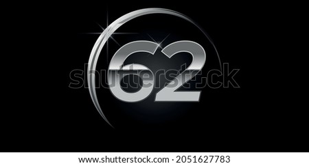 Chrome vector number 62. Logo for birthday, celebrations, dates with silver ring isolated on black background with silver light, vector design for celebration, invitation card and greeting card Royalty-Free Stock Photo #2051627783