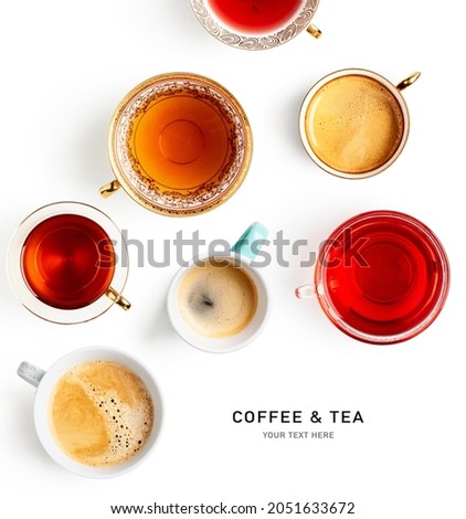 Herbal, black, fruit tea in teacup and different cups of coffee isolated on white background. Creative layout and composition. Flat lay, top view Royalty-Free Stock Photo #2051633672