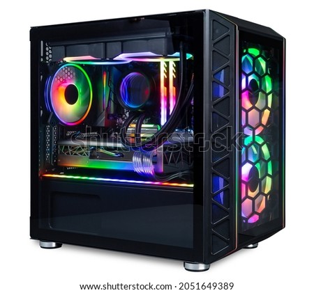black custom gaming pc computer with glass windows and colorful bright rgb rainbow led lighting isolated on white background