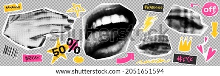 Collage element with hand and eyes and mouth with tongue and doodle element. Vintage vector set