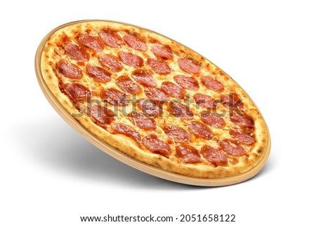 Pizza fly promo flyer. Falling pizza pepperoni with tray on white background