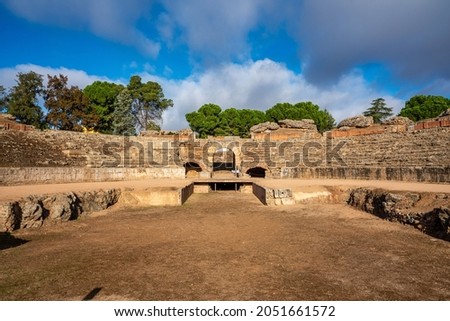 Roman Amphitheatre in Merida, Augusta Emerita in Extremadura, Spain. Roman City - Temples, Theatres, Monuments, Sculptures and Arenas Royalty-Free Stock Photo #2051661572