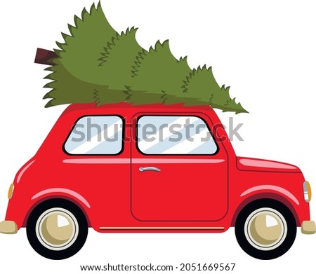 Red retro car with a Christmas tree. Vector illustration.
