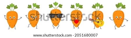 Set carrot character cartoon emotions joy happiness smiling face jumping running loves sings icon vegetables beautiful vector illustration. Royalty-Free Stock Photo #2051680007
