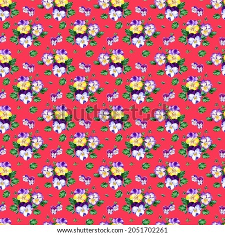 Seamless pattern with colorful mixed spring flowers viola cornuta in vibrant purple, blue, pink, yellow color, colorful pansies, high detail floral summer wallpaper background