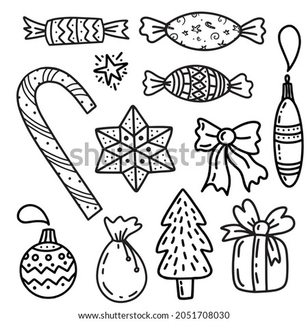 Set of Christmas design element in doodles style. Hand drawn vector illustration 