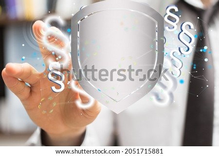 A 3D render of a Symbol of Law and Justice and male hands on a blurry background