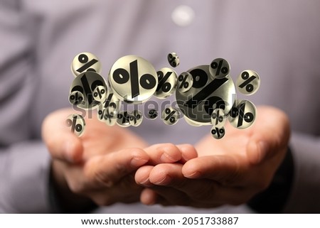 A person presenting 3D rendered percent icon representing the concept of sale and discount
