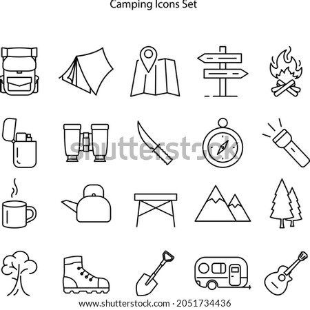 Camping, travel and picnic icons set. Line style icons for web and ui design. Contains such as tent, compasses, mountain and other camping equipment.