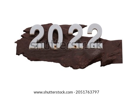 2022 rusty metal letters on wood plank isolated on white background.