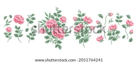 Vintage hand drawn peony, rose flower and turquoise leaf branch vector illustration arrangement elements. Aesthetic floral bunch, bouquets for wedding invitation decoration, feminine and beauty brand