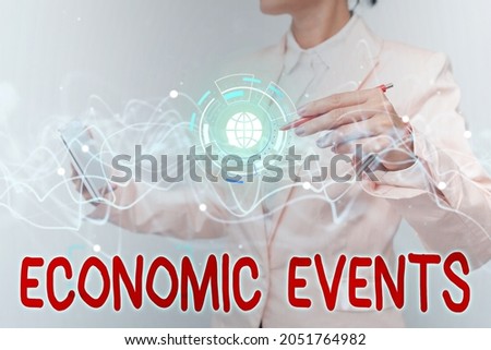 Sign displaying Economic Events. Word Written on transfer of control of an economic resource to another party Lady In Uniform Using Futuristic Mobile Holographic Display Screen.