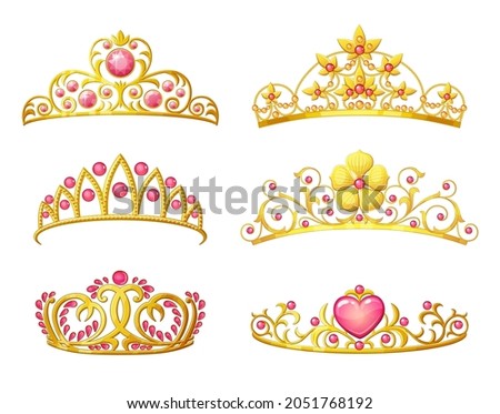 Set of queen golden crowns vector icons isolated on white background. Collection of pink and gold princess tiaras cartoon illustration