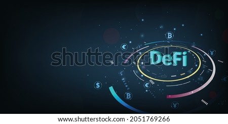 Decentralized finance(DeFi) banner concept.Composition of cryptocurrency with decentralized finance 3D Rendering vector on dark blue background. 