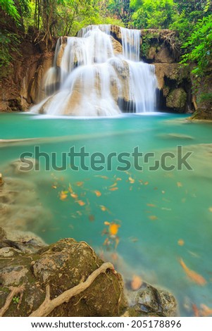 Deep forest Waterfall in Kanchanaburi (Huay Mae Kamin), Thailand