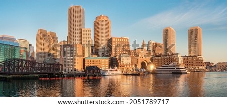 View of Financial District and Harbor in Boston at sunrise, Massachusetts, USA