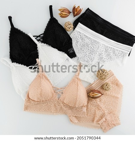 women's underwear, bra, briefs, classic colors, layout on a white background Royalty-Free Stock Photo #2051790344