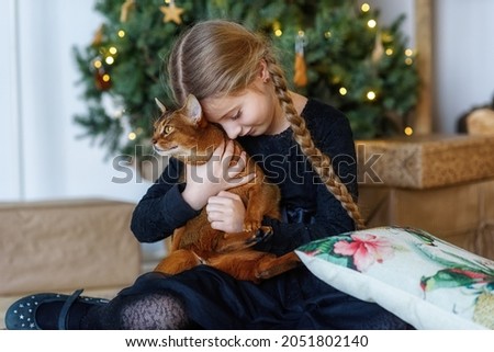 A cute happy girl hugs an Abyssinian cat on the background of a New Year tree. There are lights in the background. Selective focus