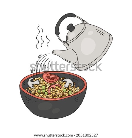 Step of steeping instant noodles or indomie meal with hot water. Cooking instant noodles or ramen, cartoon vector illustration isolated on white background.