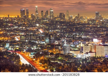 Los Angeles, California, USA downtown skyline at night.