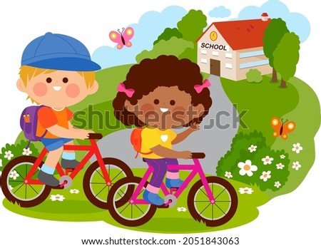 Children riding their bicycles to school. Vector illustration.