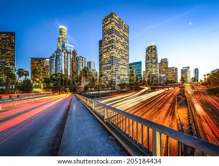 Los Angeles, California, USA downtown skyline at night.