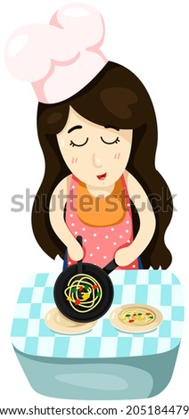 illustration of isolated cute girl cooking pasta on white