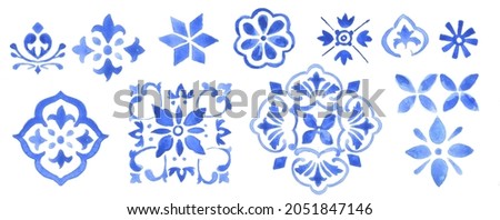 Watercolor Decorative Mediterranean patterns in monochrome blue. Ready to assemble tiles, patterns, decorations, design, borders, graphic design and more! Isolated on white background. Indigo, cobalt
