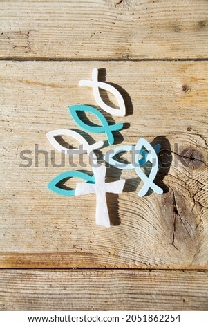Cross with fish as a symbol for confirmation, communion, baptism - greeting card or invitation