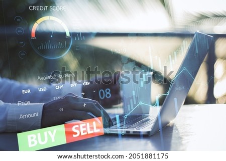 Close up of hands using laptop with forex chart and sell, buy buttons on blurry background with coffee cup. Stock exchange, cryptocurrency and global fund information concept. Double exposure