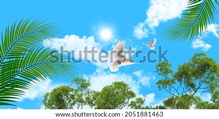 Palm and green tree branches, pigeons flying in the sky. picture for 3d ceiling decoration
