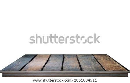 empty wooden table top isolated on white background Used for displaying or editing products.