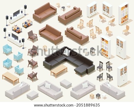 Vector isometric home furniture set. Domestic and office furniture and equipment. Sofas, chairs, armchairs, tables, lamps, cabinets and stools Royalty-Free Stock Photo #2051889635