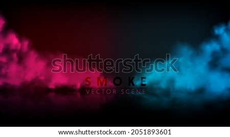 Smoke stage vector background. Abstract blue and red fog with shadow.