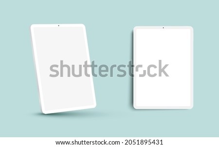 White 3D realistic tablet PC mockup frame with different angles blank screen. Royalty-Free Stock Photo #2051895431
