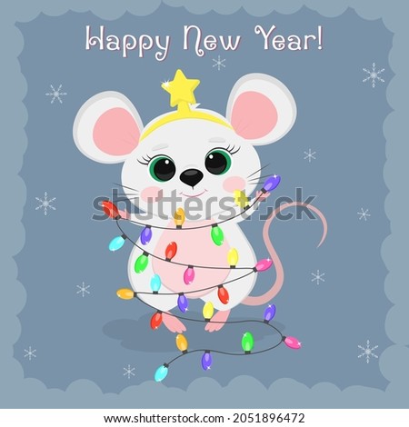 Year of the steel rat 2020. Merry Christmas and Happy New Year. Cute mouse, a rat in a star rim holds a garland for the Christmas tree on a blue background of snowflakes. Cartoon, flat style