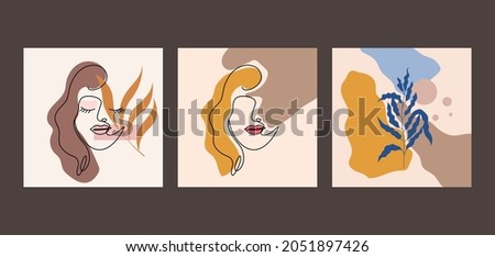 Poster line woman face with leaf set. One-line drawing style. Vector illustration for design clothes, card, notepad, poster.