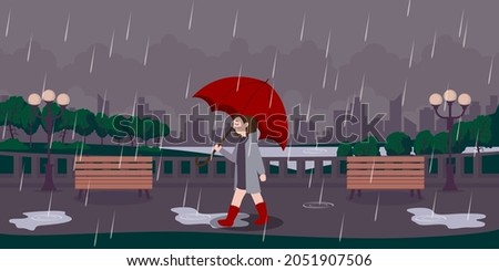 Rainy summer day in the park. Vector illustration of rain in a public park on the background of city buildings, a girl, paths, benches and street lamps.