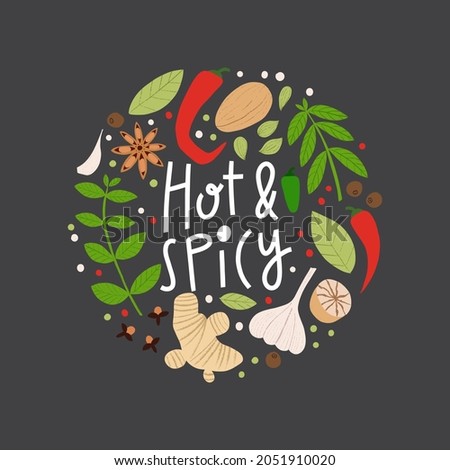 Hot And Spicy lettering poster for kitchen. Flat hand drawn spices with texture in circle vector illustration. Anise, pepper, nutmeg, herbs and others. Cute label for spice shop. Royalty-Free Stock Photo #2051910020