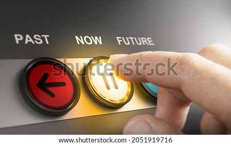 Man pressing a yellow button with the word now printed on the top, to stop the time and live in the present moment. Composite image between a hand photography and a 3D background. Royalty-Free Stock Photo #2051919716
