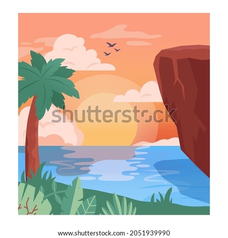 Tropical beach background. Summertime landscape, beautiful sea or ocean coast. Sunny nature and beautiful view. Vector illustration in cartoon style
