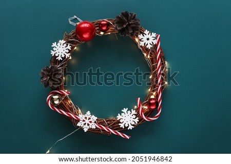 Beautiful Christmas wreath , top view photography. 