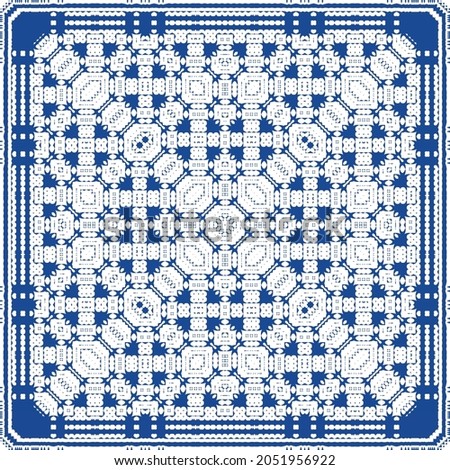 Decorative color ceramic azulejo tiles. Minimal design. Vector seamless pattern illustration. Blue folk ethnic ornament for print, web background, surface texture, towels, pillows, wallpaper.