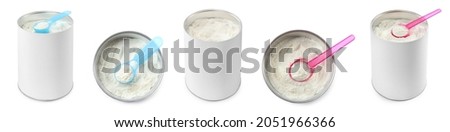 Set with cans of powdered infant formula with scoops on white background, banner design. Baby milk Royalty-Free Stock Photo #2051966366